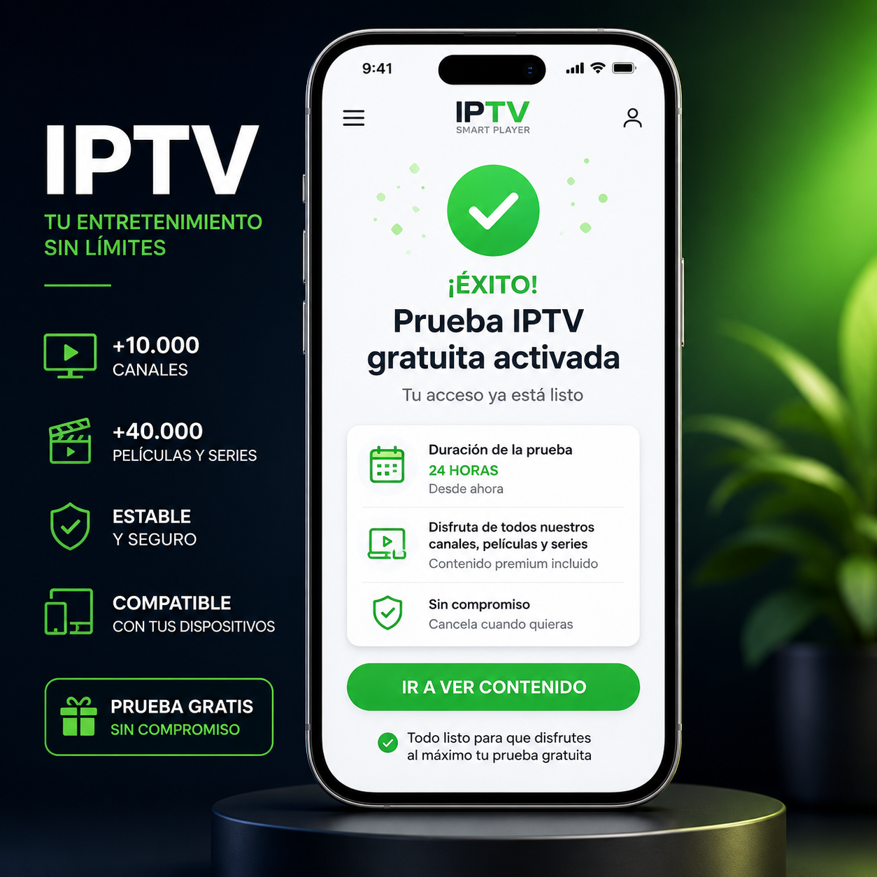 Smartphone mostrando confirmación de prueba IPTV gratuita activada con icono verde de éxito